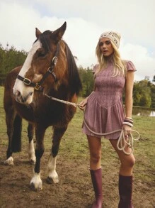 Aralina Fall/Winter Shirred Cap Sleeve High Neck Striped Flowy Mini Dress Perfect For Wedding Guest Outfit And Work Dresses Fairycore Teacher Dress