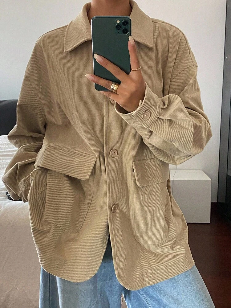 Women's Solid Color Loose Casual Turndown Collar Regular Jacket Fall,Winter Women Coats