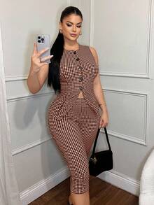 SHEIN SXY 2pcs Plaid Print Button Front Vest Jacket & 1pc Skinny Pants Woman 2 Pieces Outfits Brown Outfit Sleeveless Top And Set Piece Gingham - Brown - View 6
