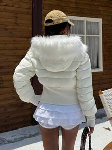 Muchica 女士休闲修身连帽厚夹克，冬季百搭 - 白色 - 查看 2