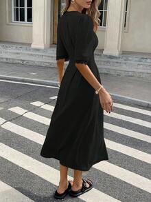 Serisse Đầm dài vừa phải, đơn hàng, tay bồng, hàng khuy đơn giản, màu trơn dành cho nữ - màu đen - Xem 3