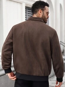 Manfinity Homme Plus Size Men's Letter Print Zip-Up Street Style Jacket, Autumn Mens Mocha Bomber Jacket Men Zip Up Jacket Men Graphic Jacket Brown Jacket Men Fleece - Brown - View 2
