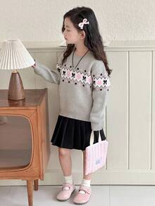 DAZY 女童圆领毛衣，秋季 - 灰色 - 查看 1