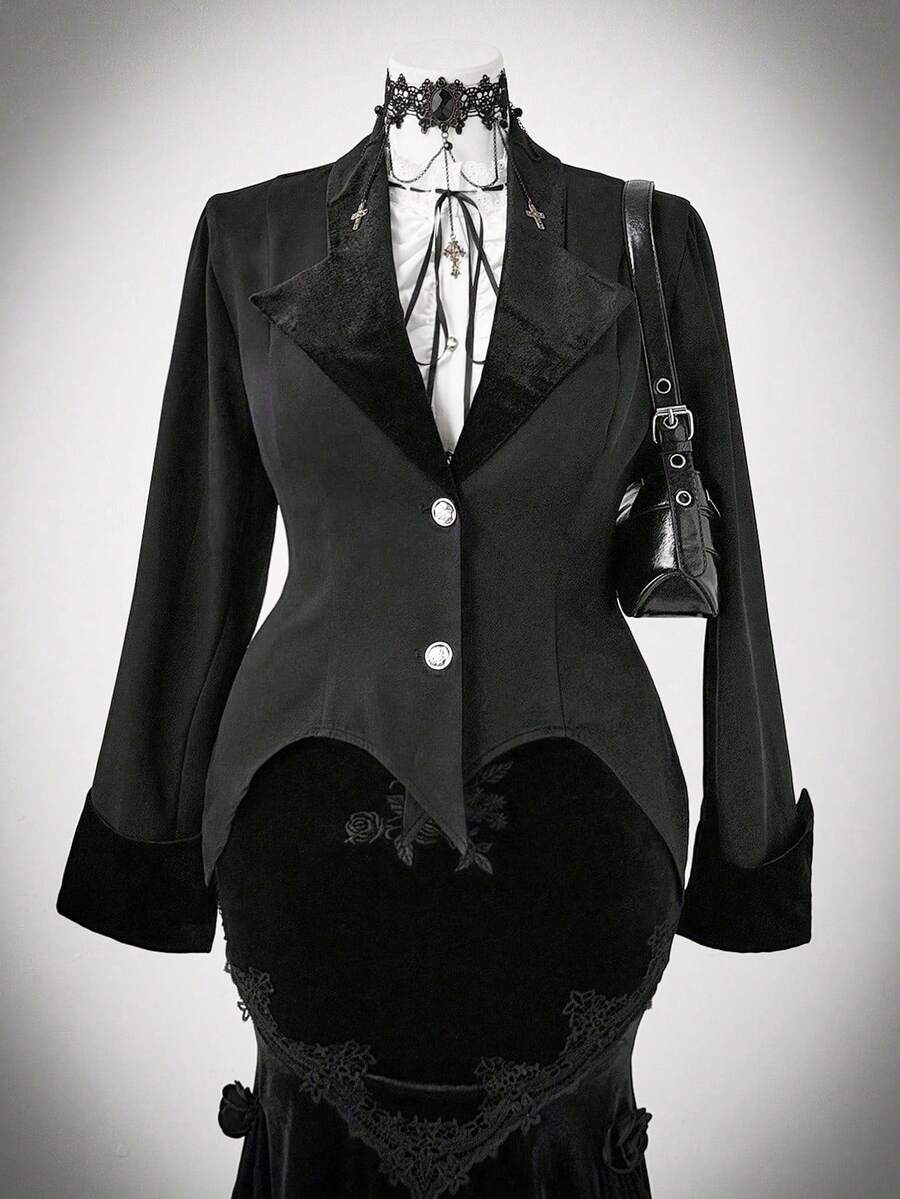 Sweetra Chaqueta corta de estilo Lolita, de tela de terciopelo con diseño de parche de elemento de murciélago elegante y dulce en la cintura, estilo gótico, para otoño - Negro - Ver 1