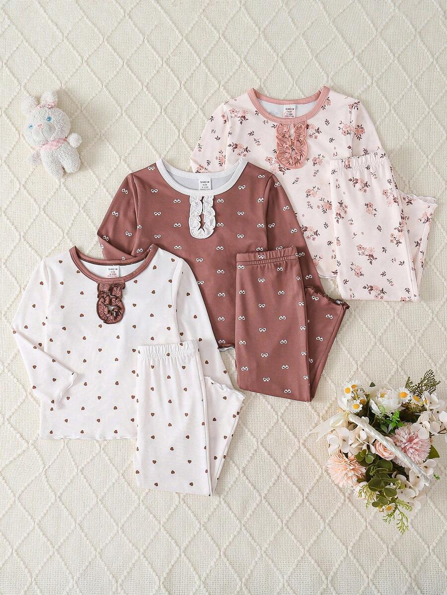 6 件套女婴长袖睡衣套装，可爱心形、花卉、蝴蝶结印花图案家居服 - 彩色 - 查看 1