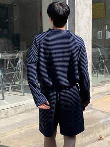 DAZY 条纹纹理面料半拉链T恤，街头风男士T恤套装，秋季商务装 - 彩色 - 查看 2