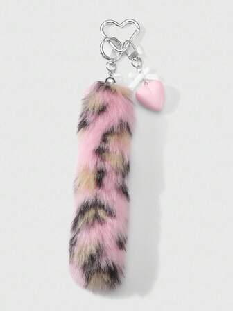 Grunge Punk 1 pieza Ins Lindo Retro Moda Personalizado Exquisito de Alta Calidad Rosa Falso Piel de Leopardo Imprimir Cola de Animal Arco Acrílico Corazón Decoración DIY Llavero y Llavero Bolsa Encanto, Adecuado para Mujeres, Niñas, Uso Diario, Regalo de Vacaciones