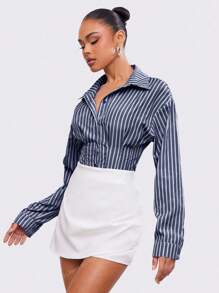 Hauture Striped Print Front Button Elegant Long Sleeve Bodysuit - Navy Blue - View 5