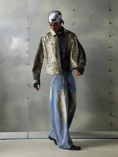 NEON BLANC Men's Fashion Floral Rhinestone Patchwork Washed Loose Wide-Leg Jeans