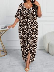 SHEIN Lady 大码 V 领长袖纯色拼布宽松休闲连衣裙长袍万圣节服装万圣节服装 - 彩色 - 查看 3