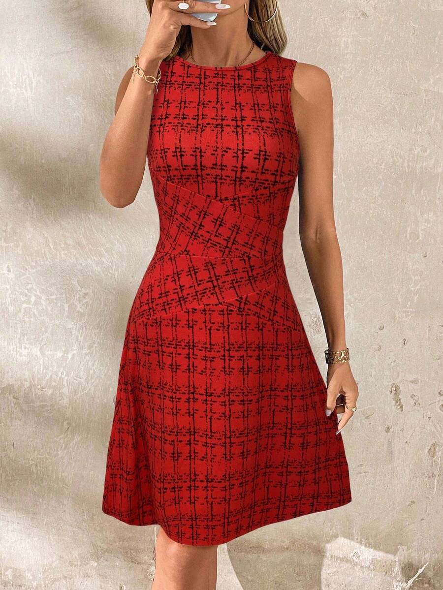 Editum Women's Elegant A-Line Short Dress, Slim Fit, Suitable For Work, Casual, Daily Wear, Spring/Summer - Red - View 1