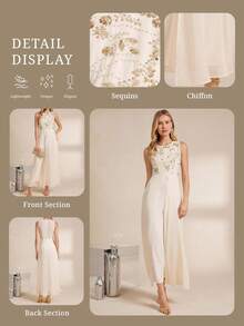 Amorya 女士圆领无袖亮片杏色和米色腰部修身雪纺优雅连体裤，适合日常穿着、聚会、派对、春夏、秋冬