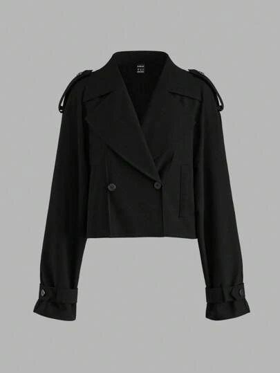 SHEIN Tall 秋冬休闲百搭纯色双排扣短款风衣