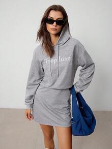 Hanevo Women's Casual Letter Embroidery Drawstring Hooded Sweatshirt Dress Fall Cloth For Women - Grey - View 6