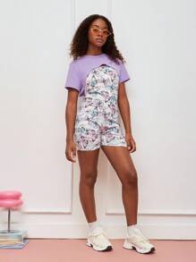 SHEIN Teen Girls Butterfly Print Cami Unitard Romper & High Low Hem Tee - Lilac Purple - View 5