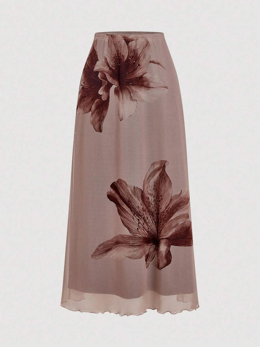 SHEIN MOD Women's Brown Printed Knit Skirt,Semi-Sheer Mesh Fabric With Scalloped Ruffle Trim - Brown - View 1