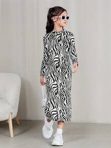 SHEIN 少女甜美针织立领波浪图案长袖修身连衣裙 - 黑色 - 查看 6