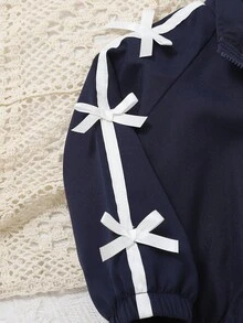 Baby Girl Casual Outfit With Bow Decor Zipper Jacket And Pants Set, Autumn Fall Winter - Navy Blue - View 4