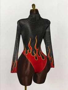Amplova Halloween Costumes  Halloween Cosplay Spider-Woman Women's Spider & Flame Print Stand Collar Long Sleeve Bodysuit - Red - View 7