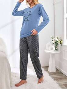 SHEIN Cottnline Bộ đồ ngủ gồm áo phông và quần in hình trái tim và khẩu hiệu 100% Cotton - Màu xanh nhạt - Xem 5