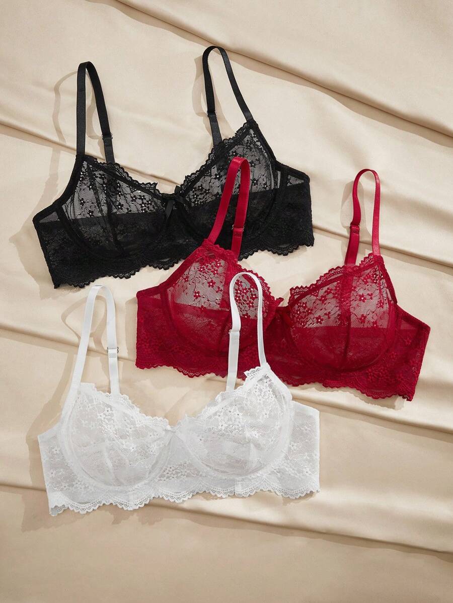 Charlaine Juego de 3 sujetadores con aros y lazo de encaje, copa 3/4 - Multicolor - Ver 1