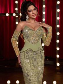 Glamrae Elegant Luxurious Green Off Shoulder Sheer Long Sleeve Mermaid Maxi Dress,Heavily Embellished Gown For Weddings,Parties,Galas,Formal Events - Grass Green - View 7