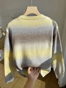 Minimalist Fashion Gradient Yarn Crew Neck Long Sleeve Knit Cardigan - Yellow - View 2