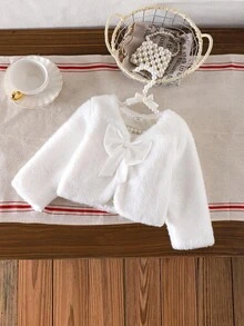 Souflis Souflis Toddler Girls' Cute White Bow Plush Long Sleeve Comfortable Autumn/Winter Jacket Fancy Baby Girl Clothes Fall