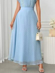 Ellevyn 女式 A 字形蓝色网眼镂空波尔卡圆点优雅日常穿着和赛车日裙子，春夏 - 藍色 - 查看 5