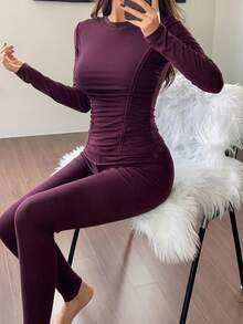 DAZY 女士秋冬褶皱设计针织家居服套装，修身款，秋季睡衣 - 紫色 - 查看 3