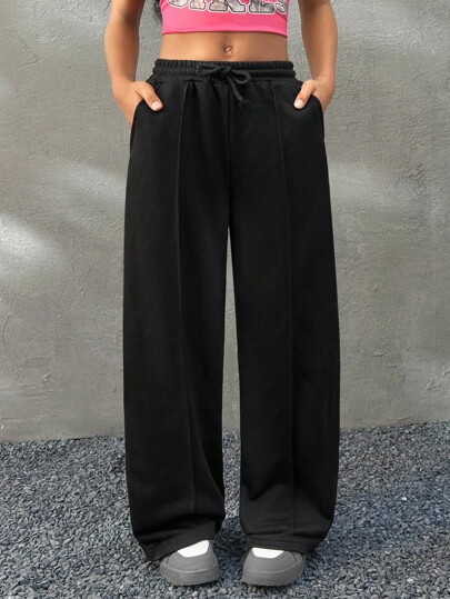 Coolane Kids Pantalones largos informales de niña preadolescente de un solo color con lazo delantero, pantalones anchos de felpa negros