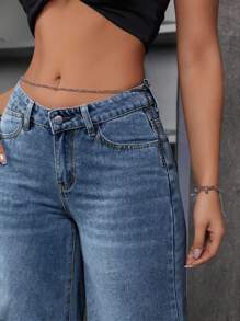 Quần jean ống rộng cạp cao màu trơn cỡ lớn dáng rộng thường ngày có túi - Màu xanh lam - Xem 3