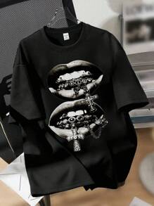 SHEIN EZwear 返校季加大码 Old School 十字架和嘴唇图案圆领短袖 T 恤，大码休闲套头衫，夏季 - 黑色 - 查看 4