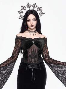 ROMWE EDITION Gothic Palace Mesh Castle Embroidery Contrast Lace Off Shoulder Flare Sleeve Velvet Blouse, Halloween - Black - View 4