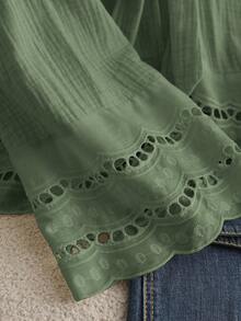 CosyJoli Plus Size Casual V-Neck Long Sleeve Shirt With Tie-Up, Floral Lace Patchwork Texture,Slightly Sheer,Fall Clothes For Women - Green - View 4