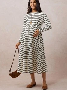 Boho Mama Maternity Casual Striped Drawstring Waist Dress,Vintage - Khaki - View 4