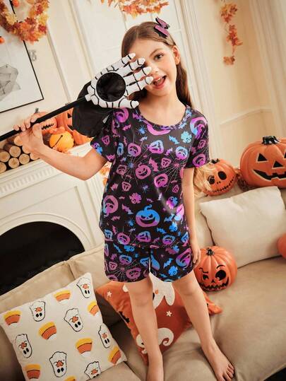 两件套万圣节彩色南瓜、恶魔、鬼脸图案夜光T恤和短裤套装，Y2K风格，柔软舒适，适合家庭万圣节派对，适合青少年女孩，也可作睡衣穿着。
