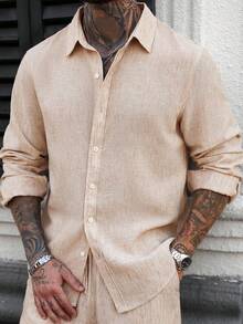 Manfinity Homme 男士单排扣休闲亚麻长袖宽松衬衫男士亚麻衬衫米色男士衬衫裸色衬衫，适合秋季 - 卡其色 - 查看 3