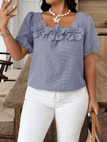 Weeklong Plus Size Summer Casual Plaid Floral Decor Puff Sleeve Shirt - Navy Blue - View 1