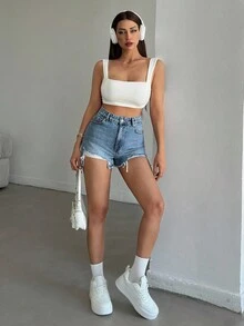SHEIN Cottnline شورت جينز نسائي بخصر عالي ممزق مع جيوب - أزرق متوسط - مشاهدة 3