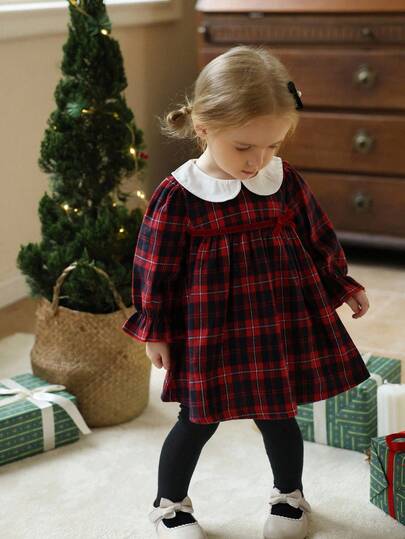 Vintaside Kids Abito a maniche lunghe con colletto alla coreana, a quadri rosso e nero, adatto per uscite, feste e raduni, per bambine d'autunno