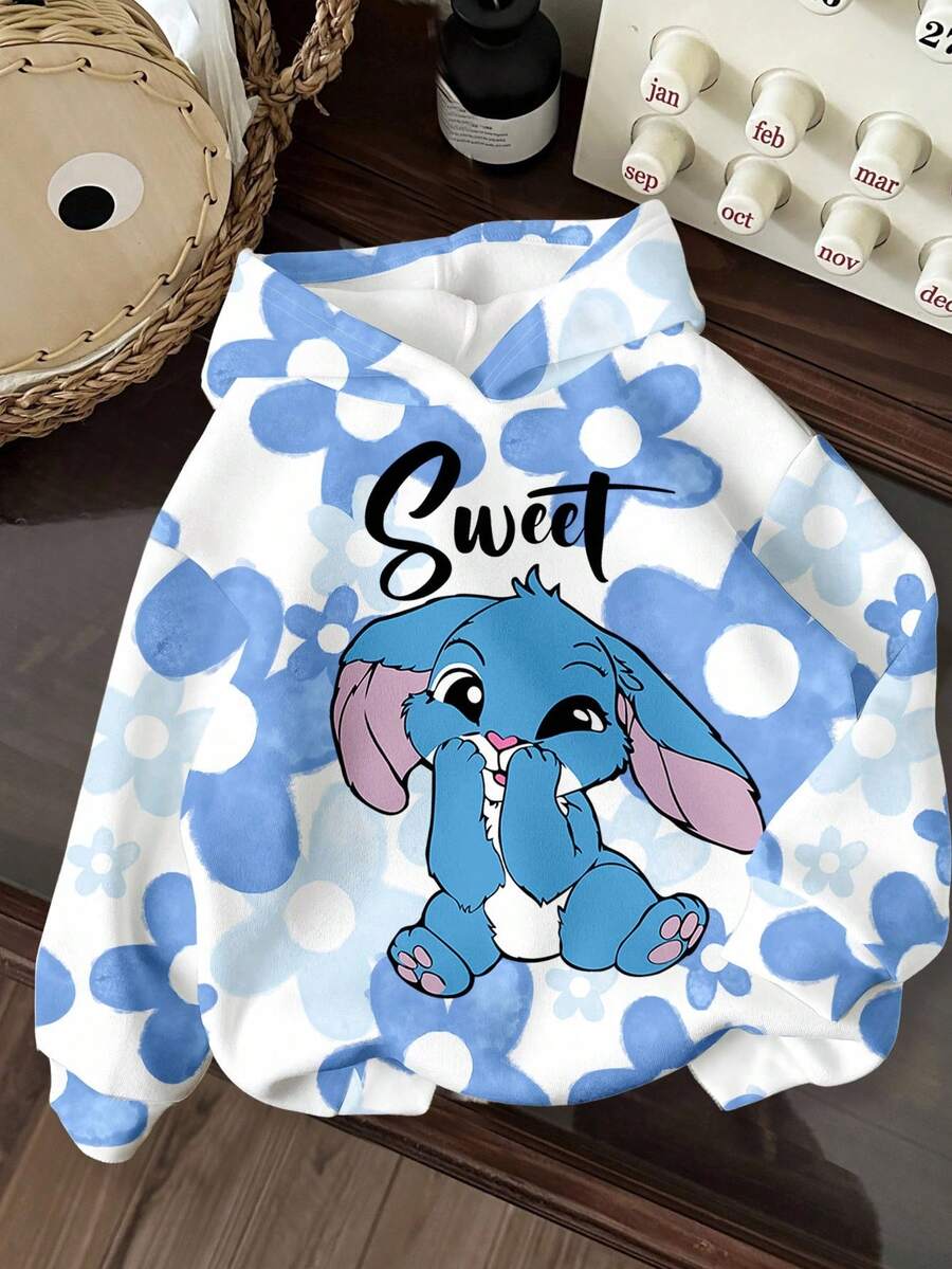 SHEIN Kawaii Cartoon Blue Rabbit Lulu & Stitch Pattern, Blue Ombre Floral, Young Girls Casual Loose Fit Crew Neck Comfortable Daily Knit Long Sleeve Sweatshirt, Suitable For Autumn/Winter, Vacay Vibes, Sunny Journey, Casual Outfits Spring, Summer Getaway, Momentos En Familia, Cute Y2K Coconut Girl Boho Vacation Springbreak Brunch-Ready Baby Blue Girls Trip, Neon Beach Vibes, Bohemian Hippie Music Festival Fall - Multicolor - View 1