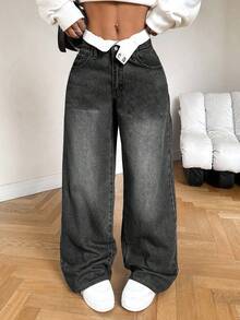 SHEIN Tall 女士牛仔裤 低腰宽松直筒裤 双腰直筒裤 拼接直筒裤 高腰宽松牛仔裤 阔腿牛仔裤 宽松牛仔裤 Y2k 女式宽松牛仔裤 女式宽松牛仔裤 - 深灰色 - 查看 4