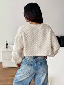 SHEIN PETITE 純色休閒秋冬女款長袖刷毛夾克 小碼可愛風 - 白色 - 查看 2