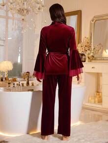 LuxeNights 2pcs Women Elegant Mesh Patchwork Flare Sleeve Velvet Long Sleeve Top And Pants Pajama Set, Autumn/Winter, Fall Clothes  Cozy And Elegant Details - Burgundy - View 2