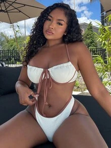 Alexandranx 女士撞色比基尼上衣和下装泳装套装，适合夏季海滩度假 - 彩色 - 查看 4