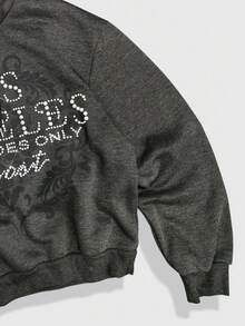 ROMWE MEN Street Life Sudadera casual con capucha con cordón y gráfico de eslogan para hombre en otoño - Gris Oscuro - Ver 3