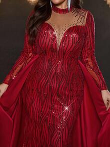 Glamrae Váy dài maxi đuôi cá dáng đuôi cá dài tay đính sequin sang trọng màu đỏ thanh lịch cổ đứng bằng vải satin lưới trong suốt cổ chữ V đính sequin lấp lánh có đuôi dài ấn tượng cho những dịp trang trọng - Đỏ - Xem 8