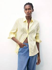 Maija 女士休闲通勤条纹纹理长袖衬衫 - 黃色 - 查看 1