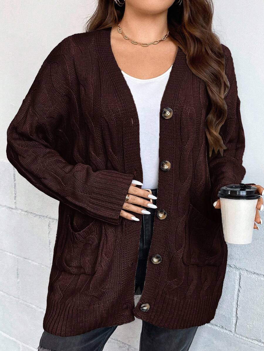 EURMUSE Áo khoác cardigan dệt kim tay dài dáng rộng họa tiết dây cáp thường ngày cho nữ cỡ lớn, dáng rộng, cài một hàng khuy, mùa thu - màu nâu - Xem 1